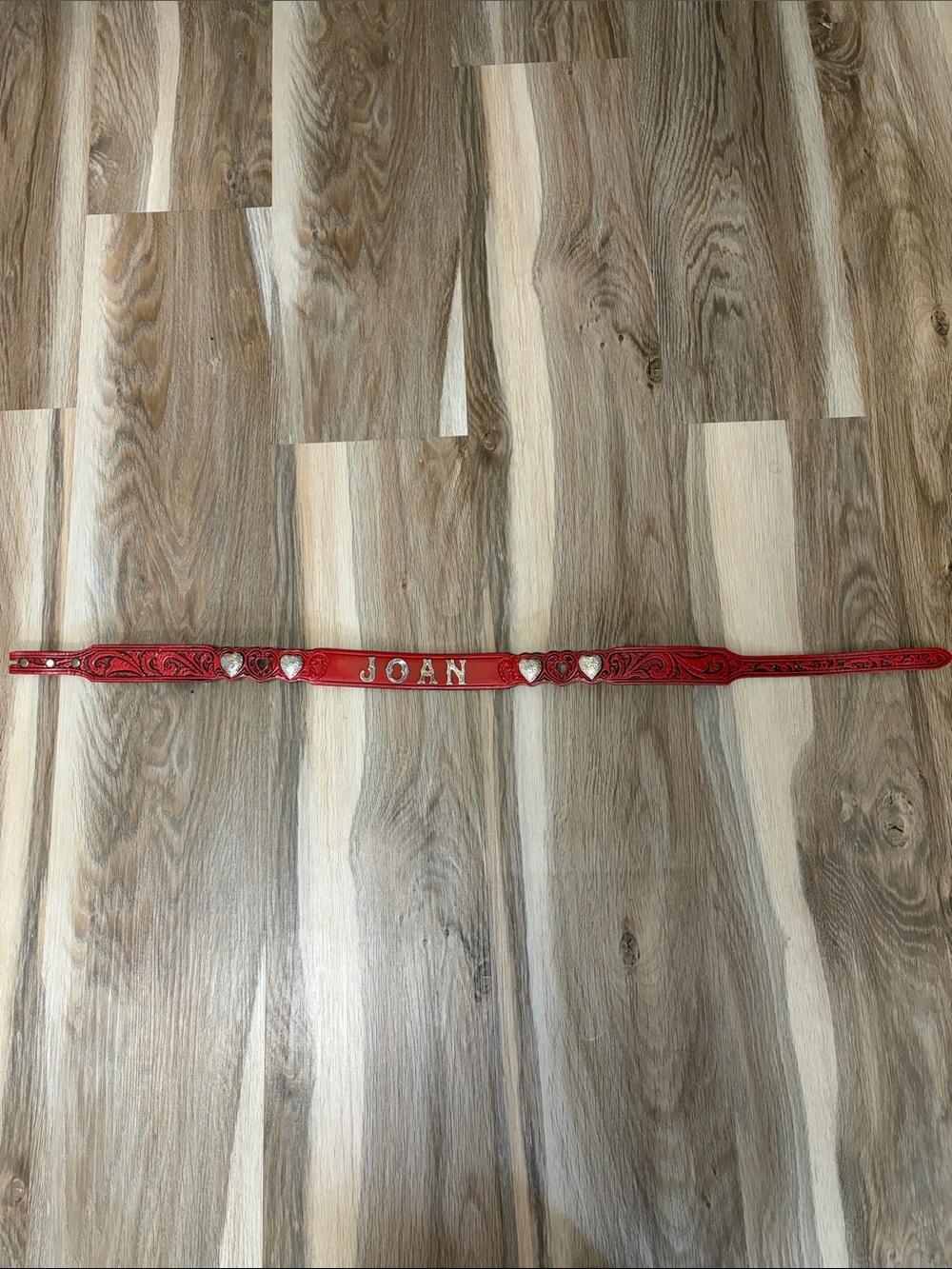 Red Personalized Leather Belt with Heart Studs - JOAN